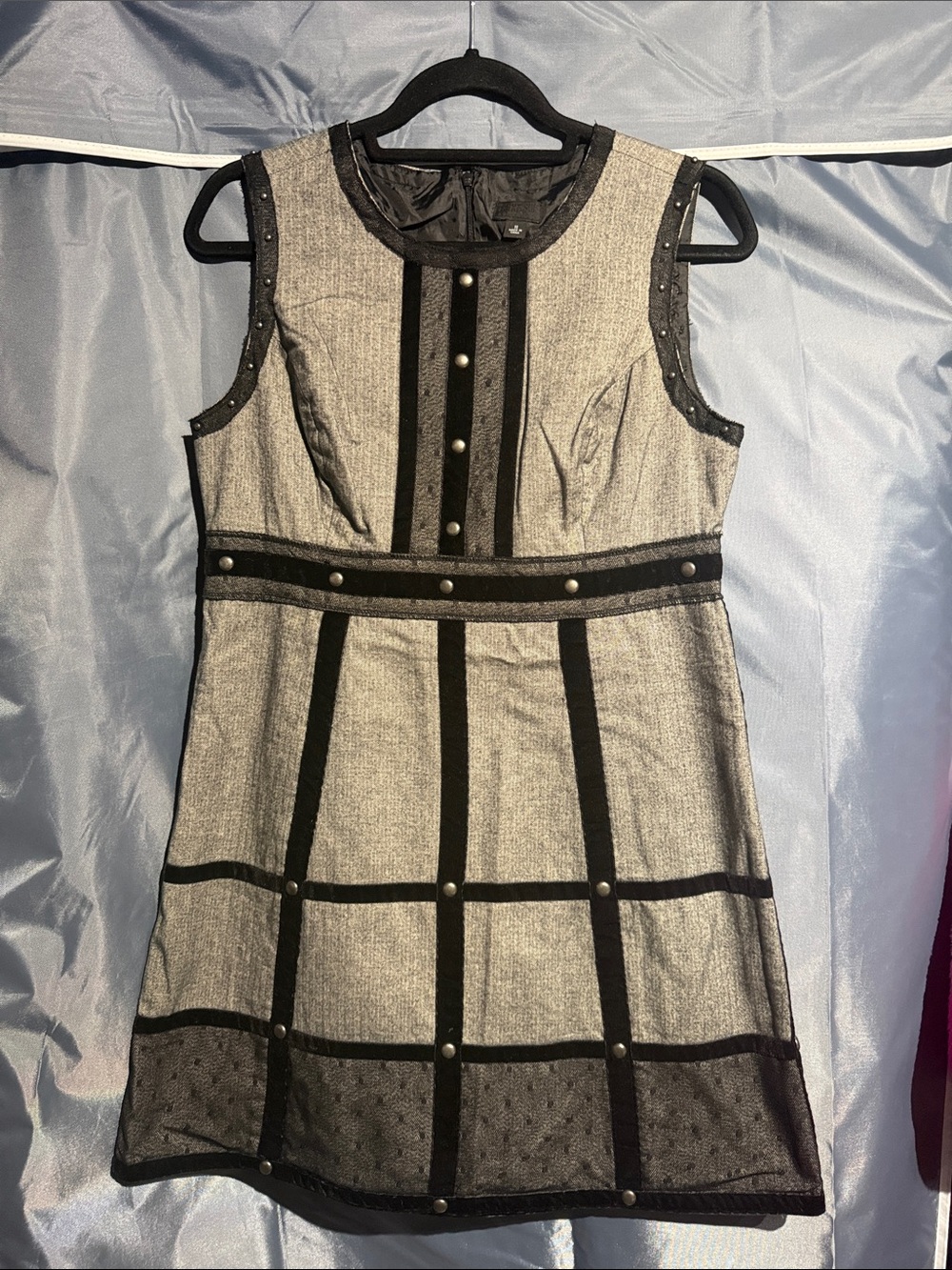 Anna Sui Black-Trimmed Gray Tweed Sleeveless Dress